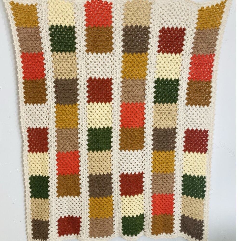 Retro 70s Afghan Crochet Blanket Block Cube Orange Tan Handmade Grannycore Funky